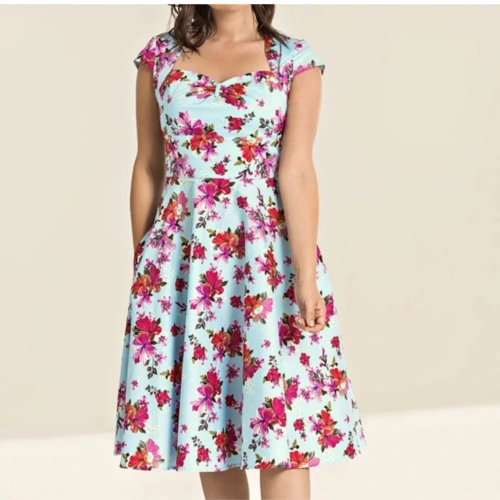 Hell Bunny Dress Vintage Inspired Tropical Floral Print Cap Sleeve Dress size L - Picture 4 of 12